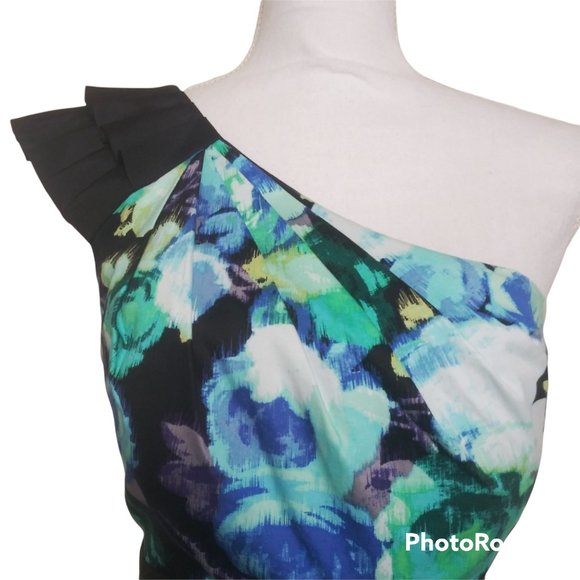 Eliza J Blue Floral One Shoulder Dress Tulip Hem Pockets 12 - Picture 2 of 5